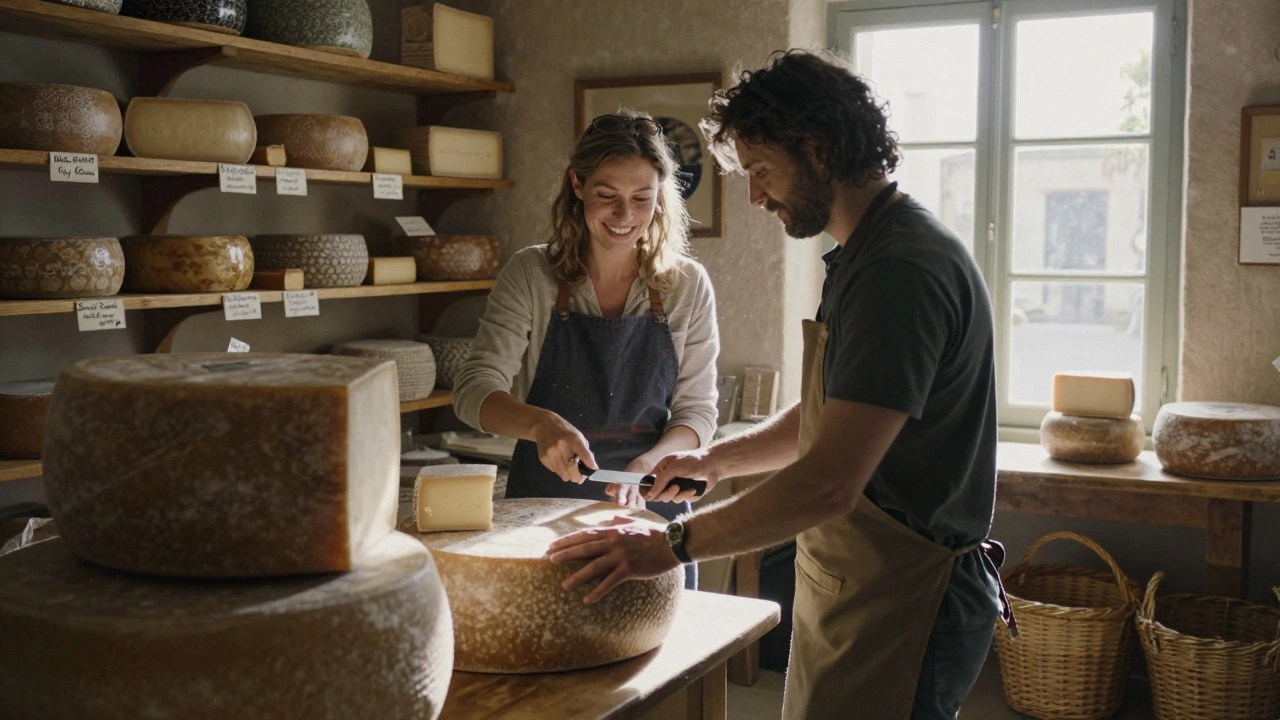 A traveler selecting cheese in a cozy Normandy shop, guided by a knowledgeable local.