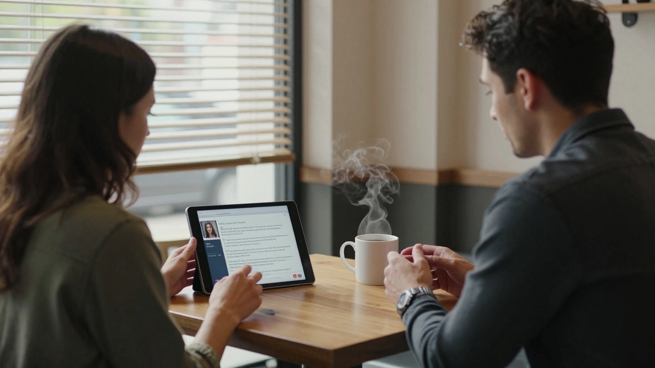 A woman meets a client in a coffee shop for a safety screening, daylight streaming through blinds.