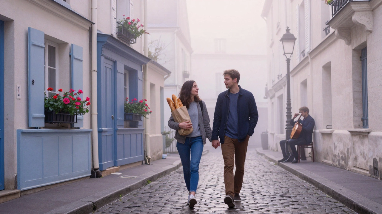 Two figures walking peacefully through misty Montmartre streets at dawn, holding fresh bread.